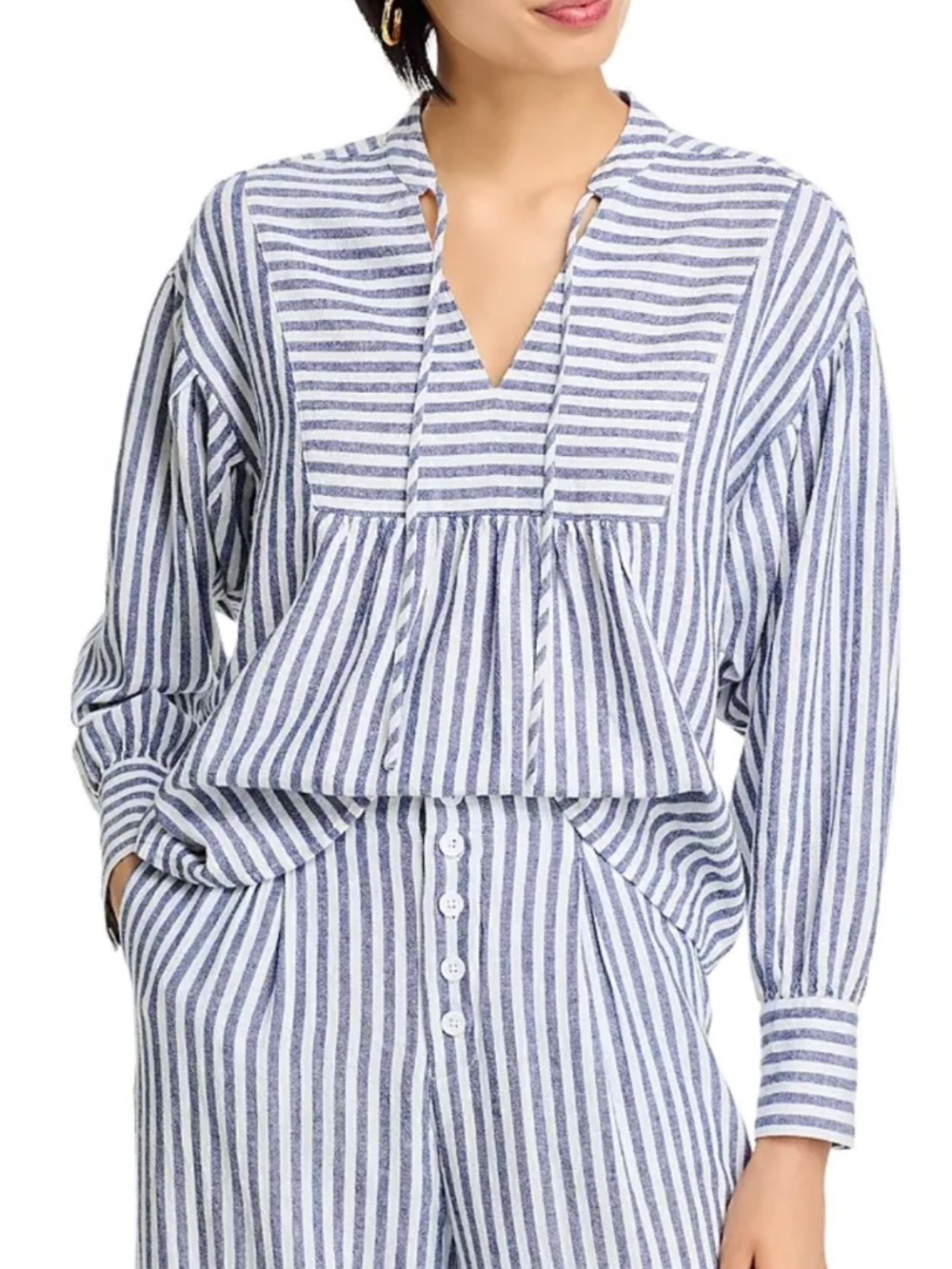 AQUA Blue White Striped Linen Blend V-Neck Peasant Blouse Size S Coastal